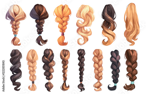 long hair cartoon set. female strand hairstyle pigtail ponytail, blonde brunette brown-haired redhead styling weaving wig from behind beauty vector illustration
