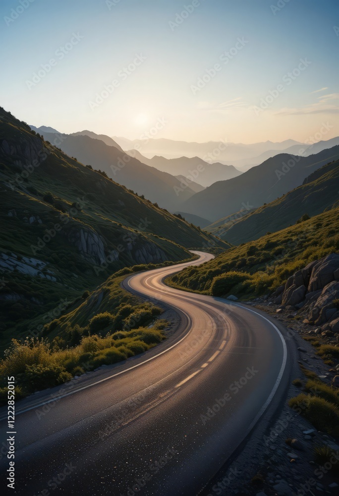 Fototapeta premium A winding mountain road surrounded by rolling green hills and bathed in warm sunrise light, creating a serene landscape.