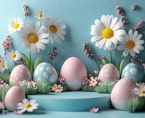 3d Happy Easter banner with painted eggs, flowers and podium. Concept of Easter egg hunt or egg decorating for product presentation. 3d render photo