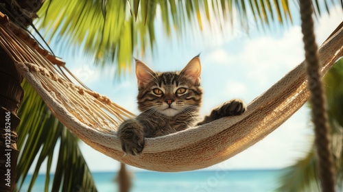 Relaxing Cat in Hammock Surrounded by Tropical Palm Trees