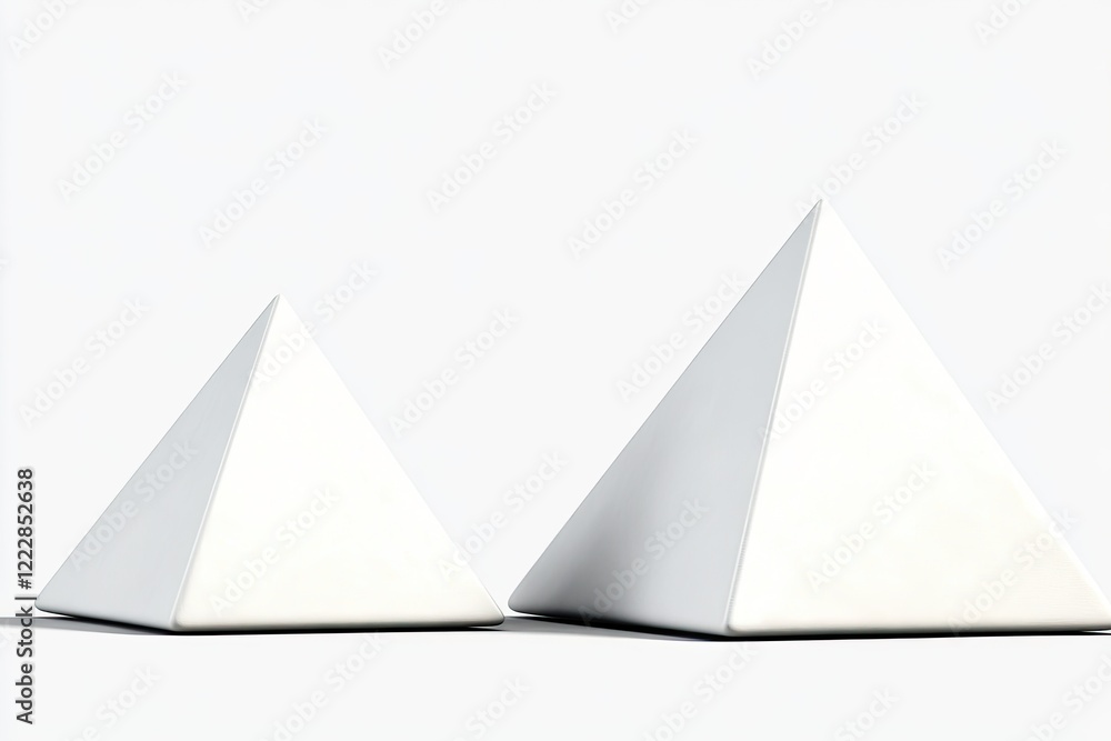 Two white pyramids of different sizes on a minimalist background, showcasing geometric shapes Two white pyramids of different sizes on a minimalist background, showcasing geometric shapes