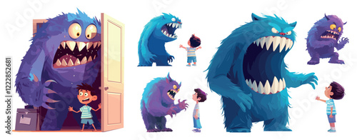 monsters scare children. blue purple furry monster cartoon set, fangs teeth roar claws door little boy night fear phobia fantasy child vector illustration