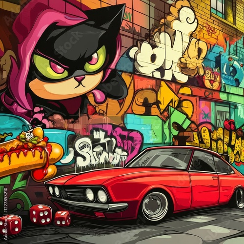 A detailed image of graffiti drawing. Conceptual street art background with cartoon characters, a retro girl, an evil cat muzzle, letter graffiti, hot dog, dice and a red lowrider car  photo