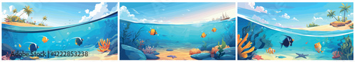 ocean reef cartoon set. sea bottom near island, underwater fish stones corals tropics background vector illustration