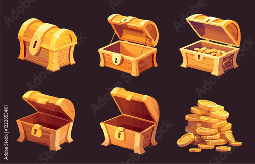 open chests cartoon. chest wooden lid closed gold coins gold pirate treasure hoard game vector illustration