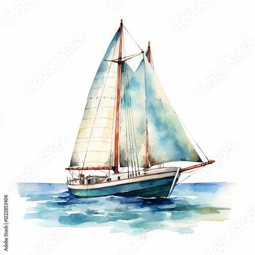 The painting is of a sailboat with the sails unfurled. The boat is red, white, and blue. The background is white. The painting has a modern feel and would be perfect for a home or office.
