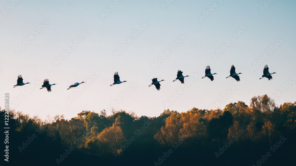 Eight Cranes Flying In Formation Over Autumn Trees Eight Cranes Flying In Formation Over Autumn Trees