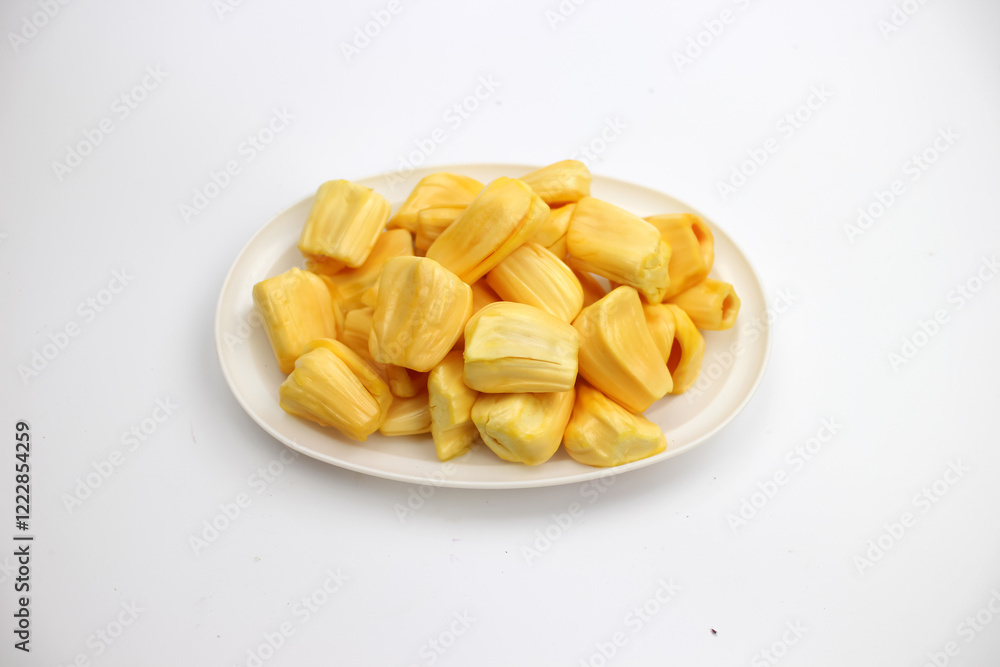 Jackfruit pulps in a white plate isolated on white background