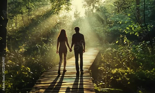 Romantic Couple Walking Through Sunlit Forest Path at Dusk