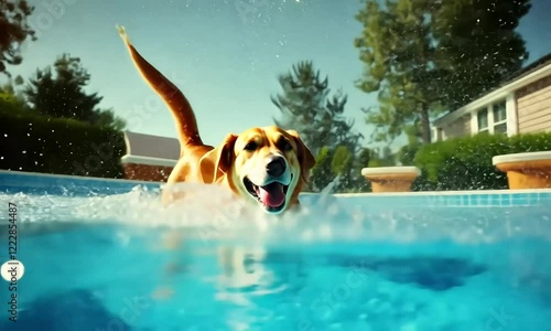 Happy Dog Running and Splashes Water Near Swimming Pool Outdoors