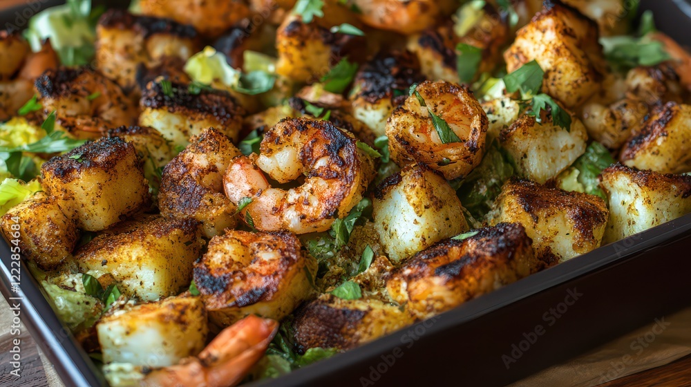 Grilled shrimp and scallops served on a bed of fresh greens with herbs and spices