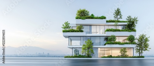 A zero-energy office building featuring cascading greenery. photo