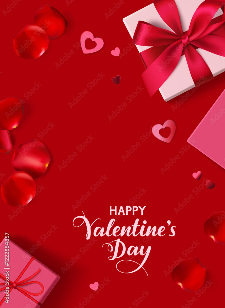 Decorative love gift box with red bow with heart confetti and rose petal on red background. Valentine's day or wedding design template. Flat lay. Vector stock illustration. Decorative love gift box with red bow with heart confetti and rose petal on red background. Valentine's day or wedding design template. Flat lay. Vector stock illustration.