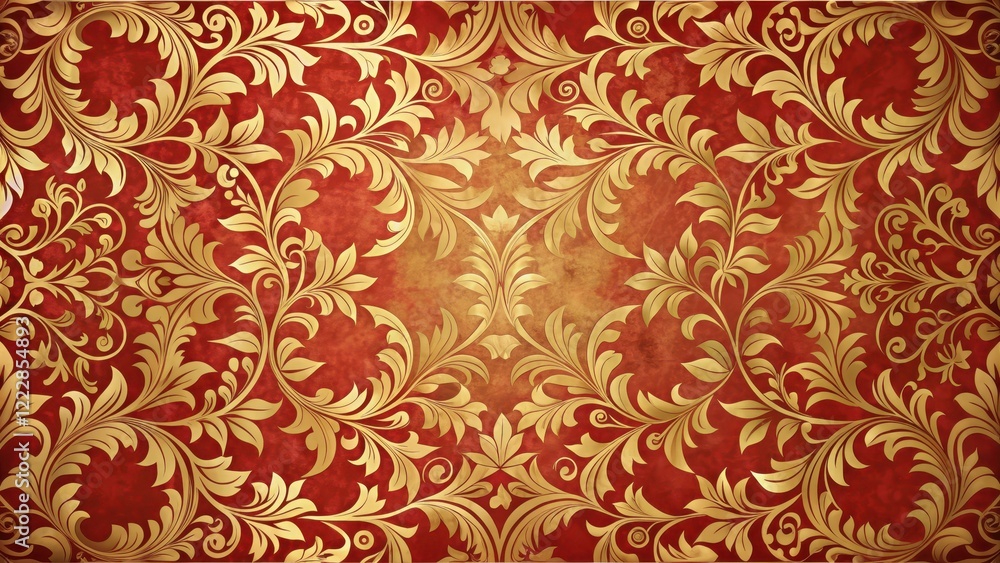 Red and gold leaf-inspired pattern with intricate floral designs and curved shapes on a luxurious parchment background, floral designs, luxurious parchment Red and gold leaf-inspired pattern with intricate floral designs and curved shapes on a luxurious parchment background, floral designs, luxurious parchment
