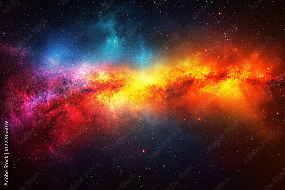 Fototapeta premium Vibrant Cosmic Nebula Colorful Galaxy Space Background Red Orange Yellow Blue Stars sky art dark 