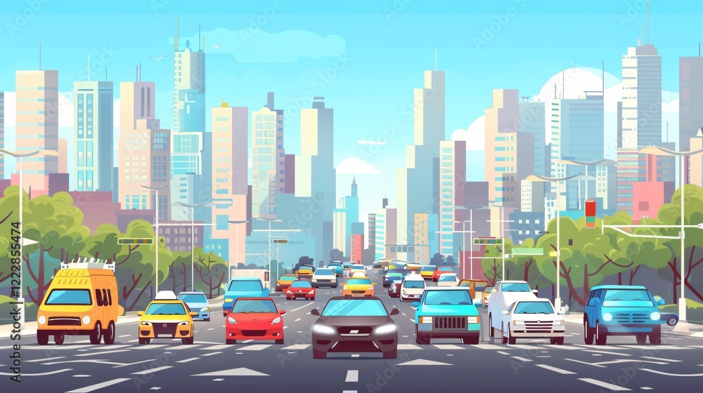 Naklejka premium Urban City Traffic Congestion with Various Vehicles in Downtown Street Scene