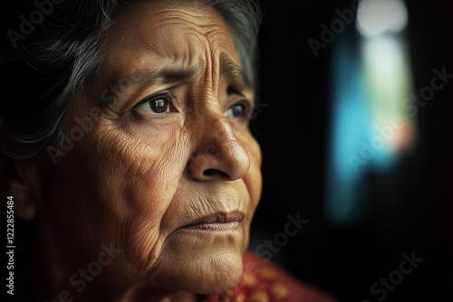 An older hispanic or latino woman looks concerned and unhappy, in fear of deportation. Wide landscape format with copy space 