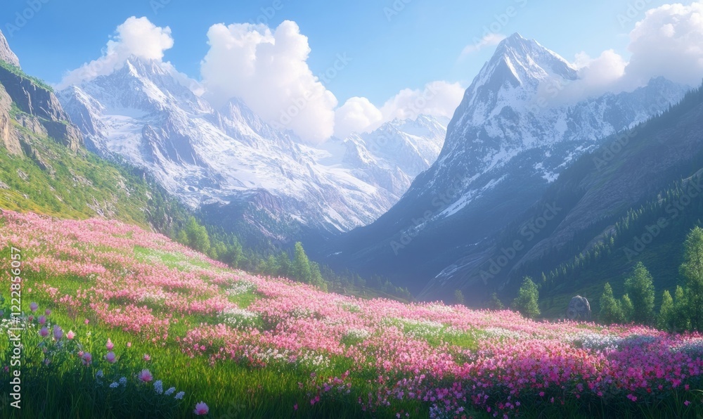 Idyllic mountain scenery in the Alps with blooming meadows in springtime Idyllic mountain scenery in the Alps with blooming meadows in springtime