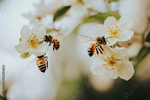 Bees gather nectar from vibrant rose blossoms under the warm sunlight in a blooming garden during springtime. Generative AI photo