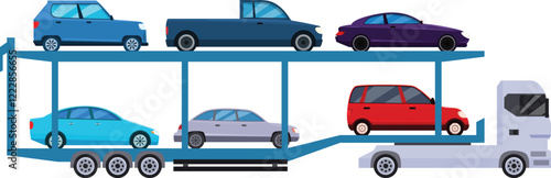 Car carrier truck is transporting various cars on a two level trailer