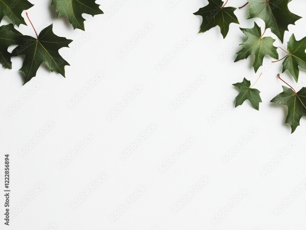 Fototapeta premium Fresh green leaves arranged elegantly on a white background, perfect for nature-themed designs.