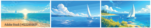 sailboat at sea landscape. seascape, beach sand grass sail ship boat yacht yachting cruise ocean seafaring horizon travel tourism vacation rest summer background set vector illustration