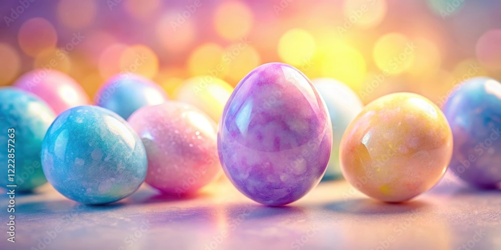 Softly glowing amethyst eggs in a vibrant gradient background with hues of pale pink and baby blue, set against a warm yellow hue, soft focus, pastel colors Softly glowing amethyst eggs in a vibrant gradient background with hues of pale pink and baby blue, set against a warm yellow hue, soft focus, pastel colors