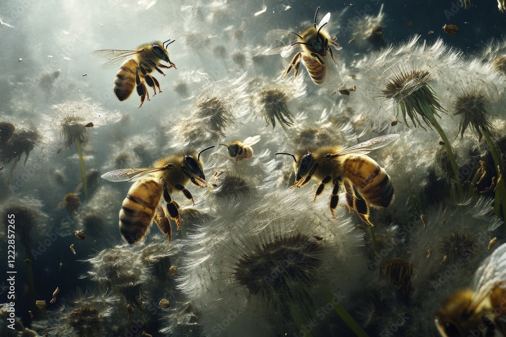 Fototapeta premium Bees dance among dandelions in a vibrant display of natures beauty and pollination magic captured in stunning detail. Generative AI