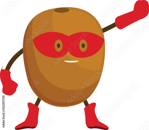 Cartoon illustration of a kiwi fruit superhero wearing a mask, gloves and boots, flying and smiling