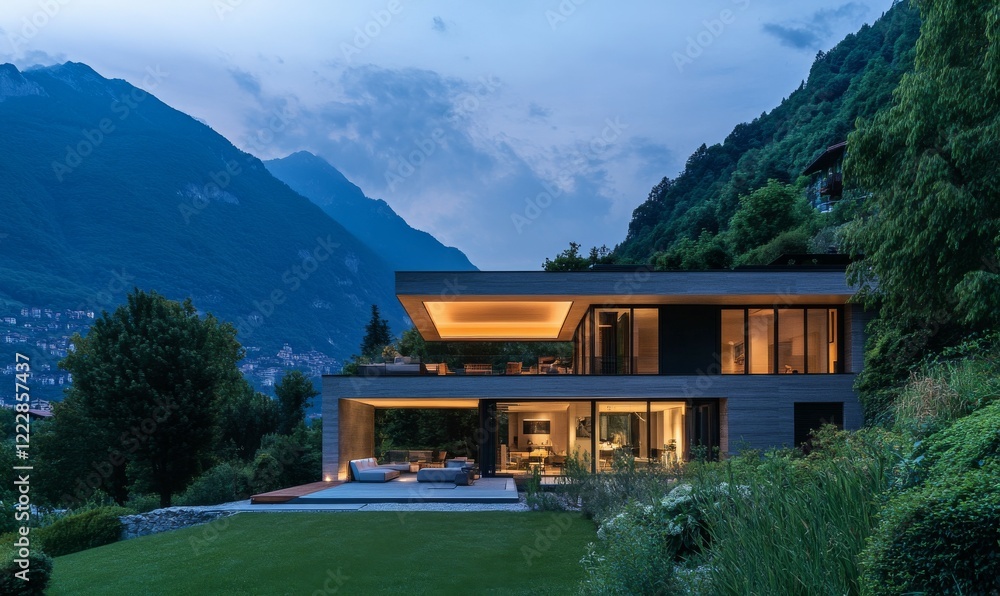 Luxurious modern villa surrounded by lush mountains and greenery at twilight Luxurious modern villa surrounded by lush mountains and greenery at twilight