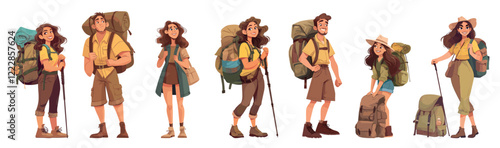 travelers set cartoon. man woman with backpacks in hiking yellow green clothes, group of people tourist hikers expedition travel hike adventure vector illustration