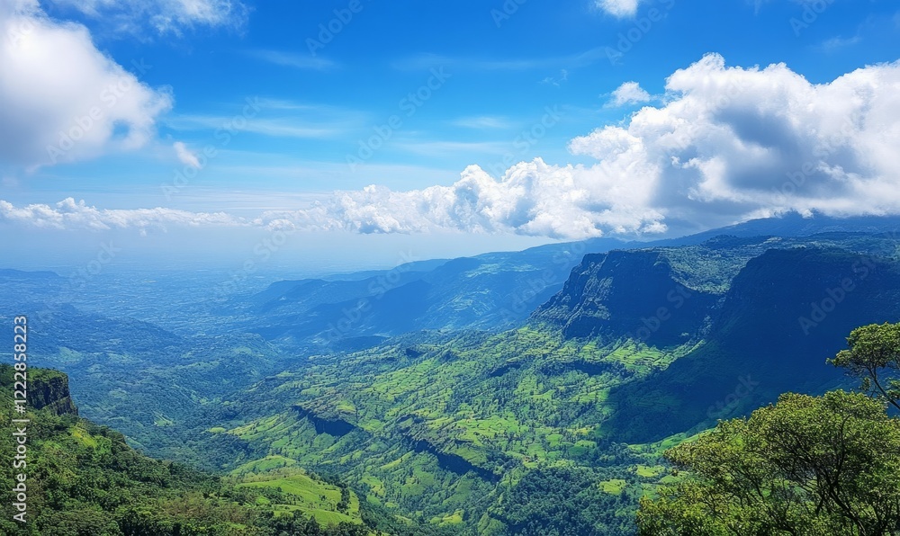 Majestic mountain landscape with green valleys and blue skies Majestic mountain landscape with green valleys and blue skies
