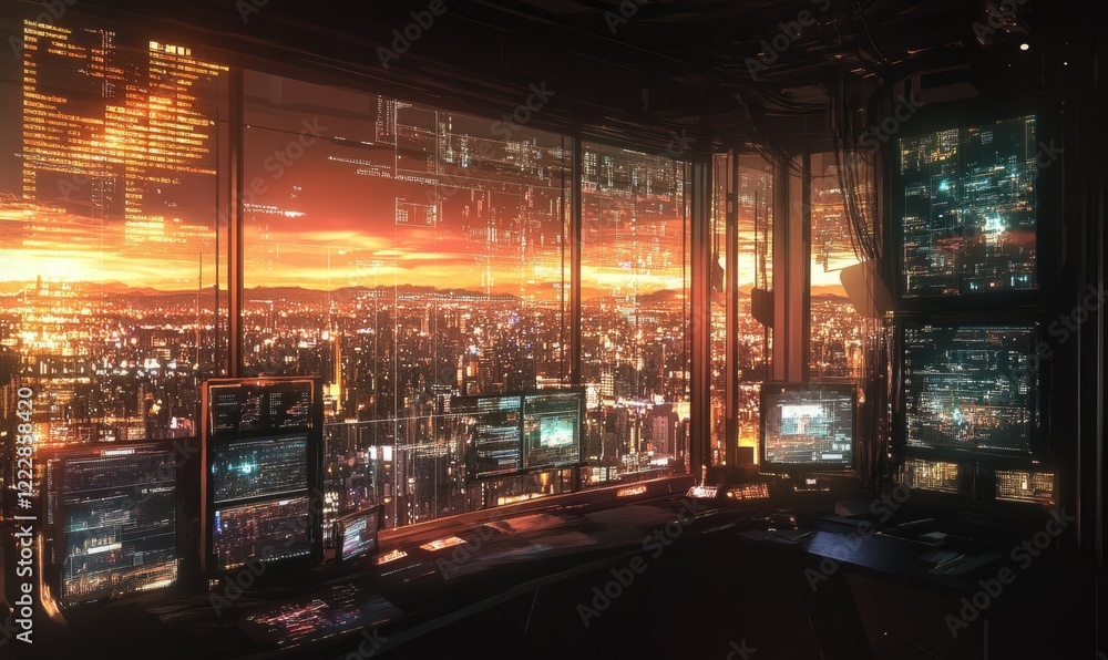 Image of screens and data processing over cityscape Image of screens and data processing over cityscape