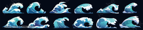 waves set cartoon. sea wave, ocean surf blue azure water nature elements vector illustration