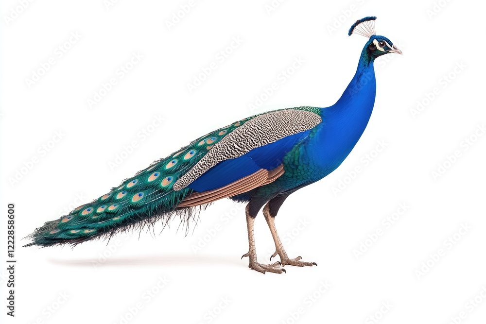 Fototapeta premium A vibrant peacock stands gracefully, showcasing its colorful plumage against a white backdrop