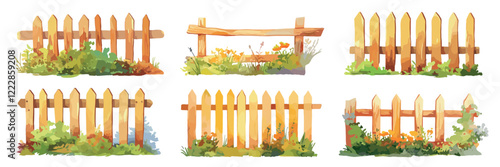 wooden fences watercolor. garden village fence, rural old simple fencing summer set vector illustration