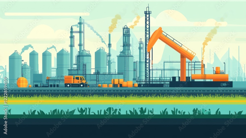 Obraz premium Industrial Refinery Complex Landscape Illustration