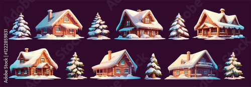 wooden winter houses cartoon. village house with icicles in snow set, chalet brown forest cozy spruce fir trees winter snowdrifts vector illustration