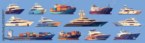 yachts cartoon set. sea cargo ship, yacht motor luxury boat industry delivery import export logistics transportation cruise travel vacation vector illustration