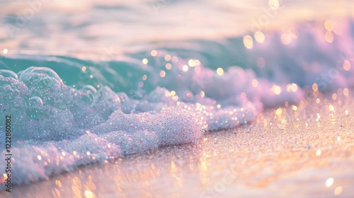 Glittering ocean waves sparkle on sandy shore