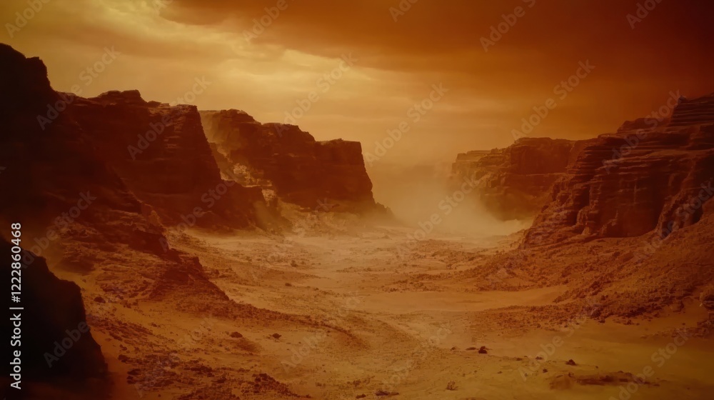 Martian Canyon Landscape Under Dust Storm Martian Canyon Landscape Under Dust Storm