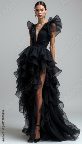 Model in dramatic black ruffled evening dress
