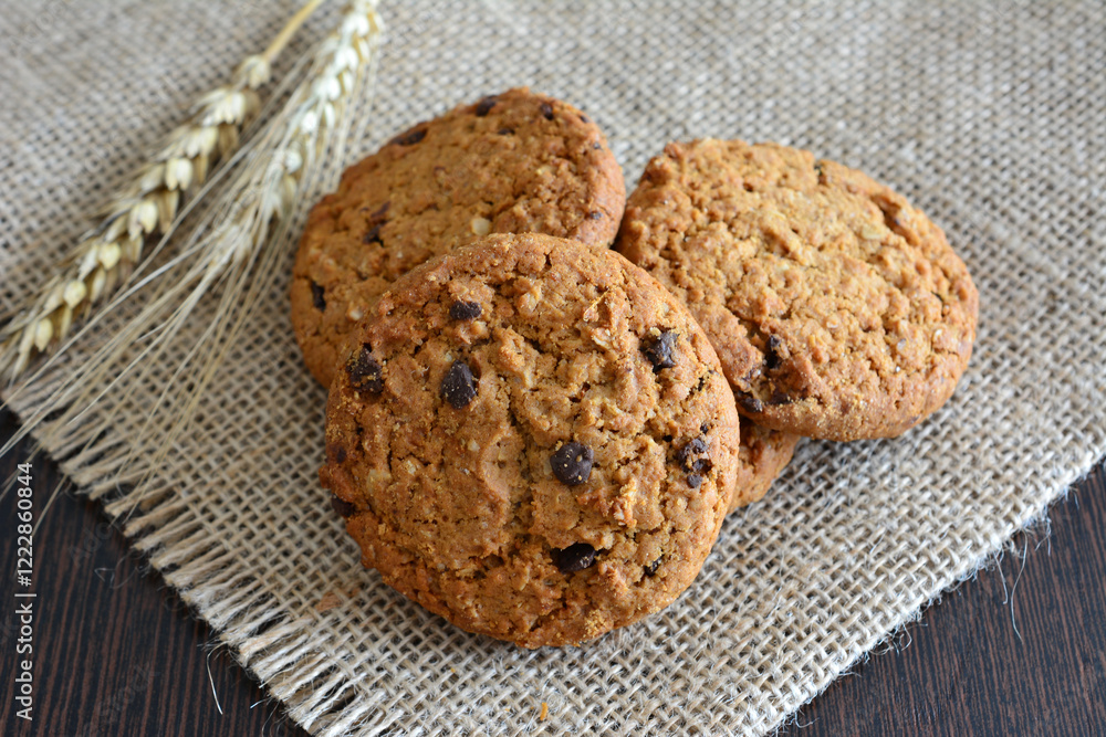 Delicious Oatmeal Cookies isolated on burlap background close up Delicious Oatmeal Cookies isolated on burlap background close up