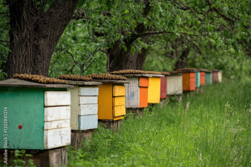 Diverse beehives nestled among lush greenery in a vibrant orchard during a sunny afternoon. Generative AI Diverse beehives nestled among lush greenery in a vibrant orchard during a sunny afternoon. Generative AI