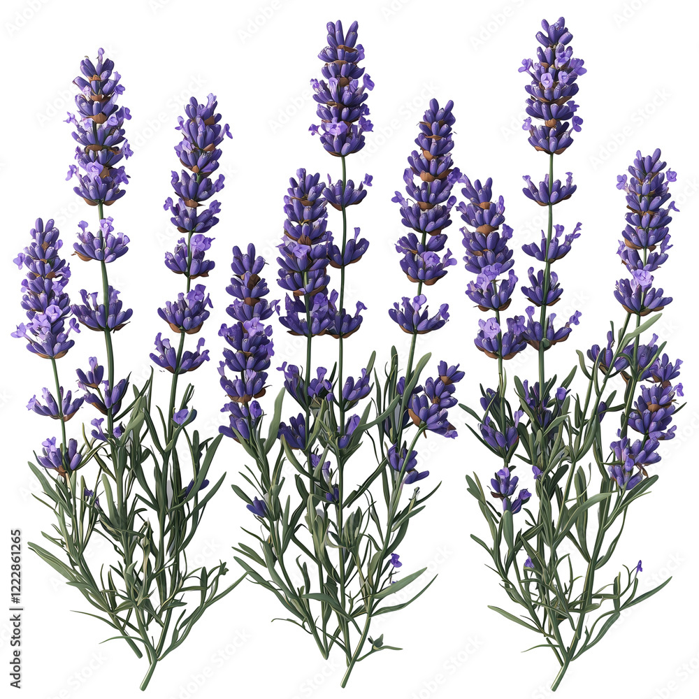 Obraz premium Set of aromatic purple lavender bush in full bloom, isolated on white background, nature beauty isolated on white background 