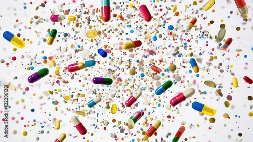 Multi-colored pills and capsules of drugs flying in all directions