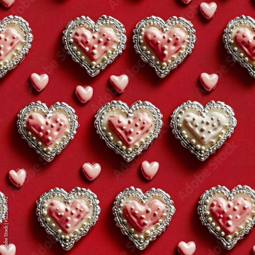 Vintage Heart-Shaped Cookies for Valentine's Day with Festive Red Background and Decorations