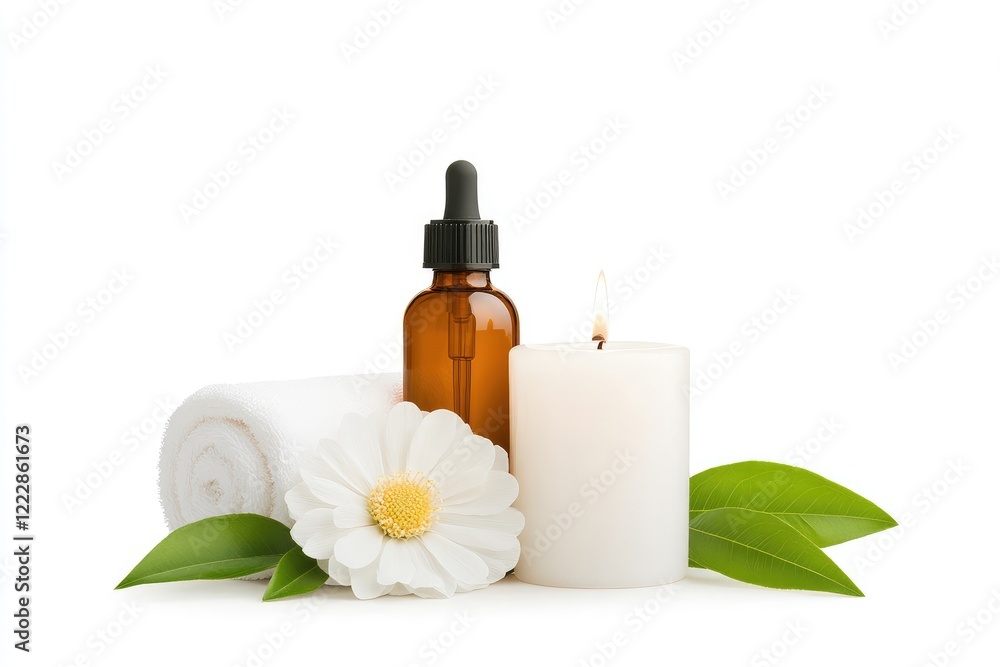 A serene spa setup featuring an amber dropper bottle, a lit candle, a towel, and fresh flowers A serene spa setup featuring an amber dropper bottle, a lit candle, a towel, and fresh flowers