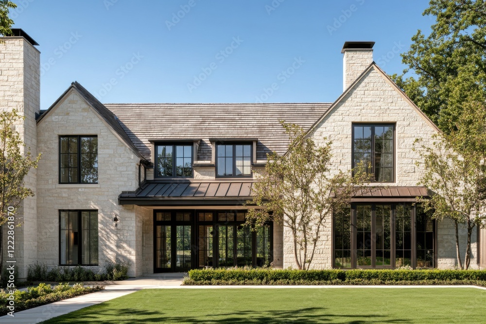 Obraz premium Beautiful modern stone house surrounded by trees in a serene neighborhood during bright daylight with lush green grass and a well-maintained landscape