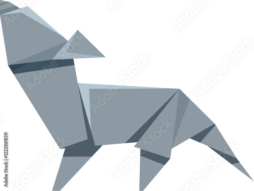 Gray origami wolf howling at the moon, folded paper animal art